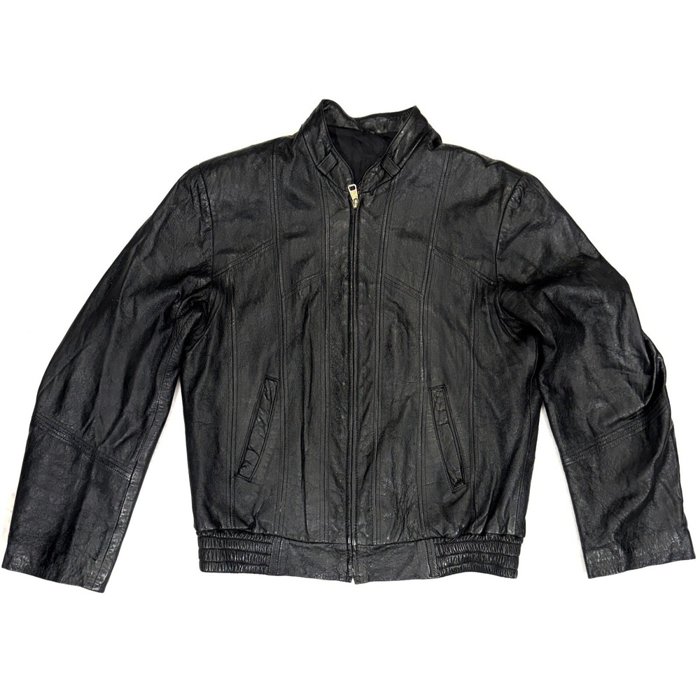 Vintage El Venado Bomber Jacket Men Size 40 Black Genuine Leather Biker Full Zip